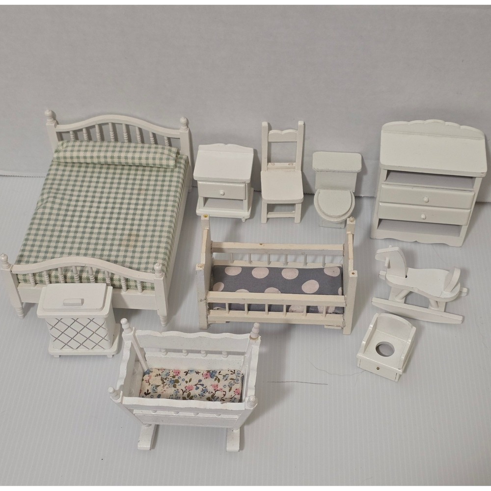 Mixed White Wooden Dollhouse Furniture Set 10pc Fair Condition Incomplete
